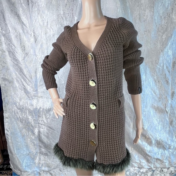 Anselmi Brown Button-Up Belted Women Sweater Medium Faux Fur Hem - Picture 6 of 16